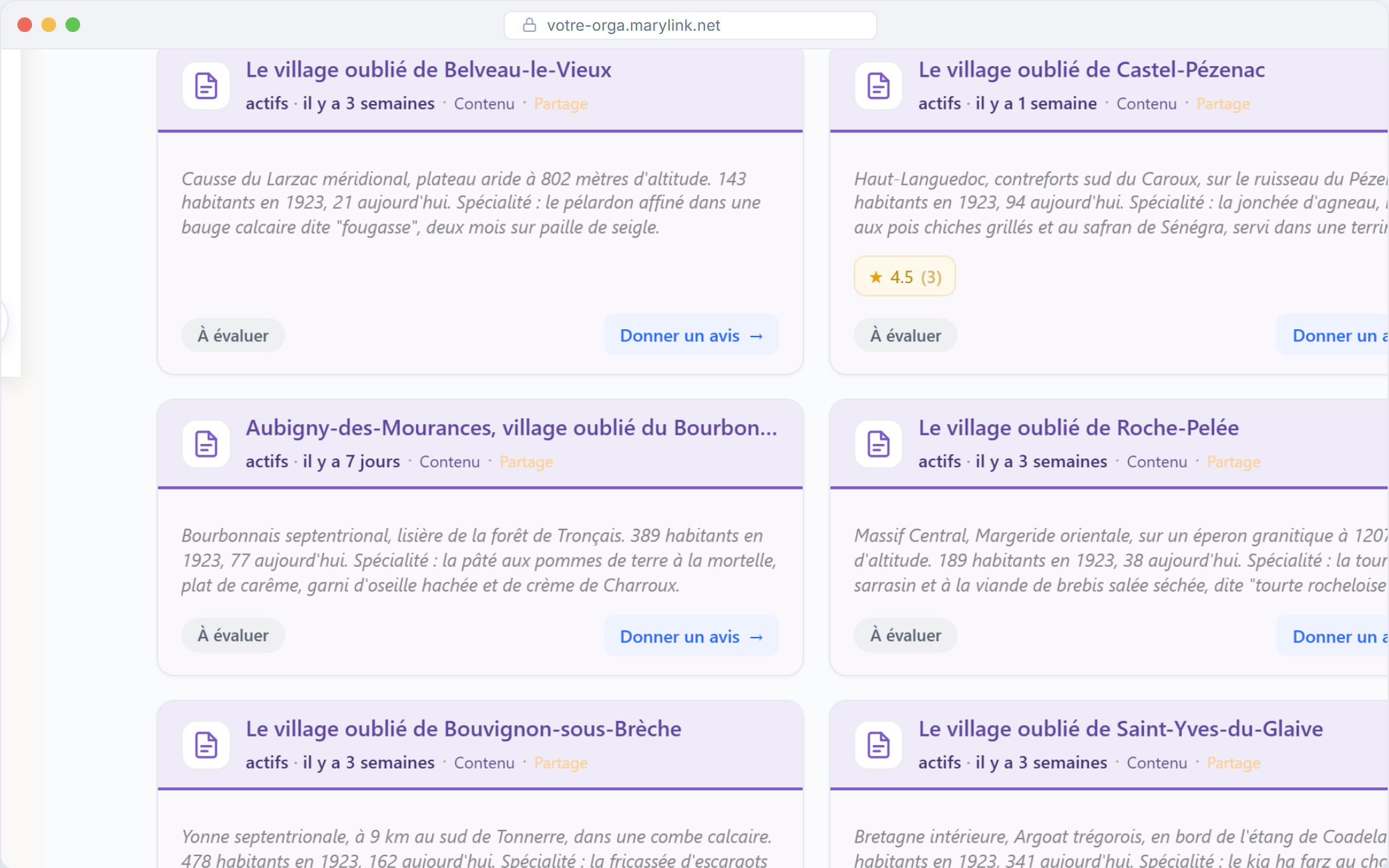 Aperçu d’un espace MaryLink : grille de publications versionnées avec leur barre latérale